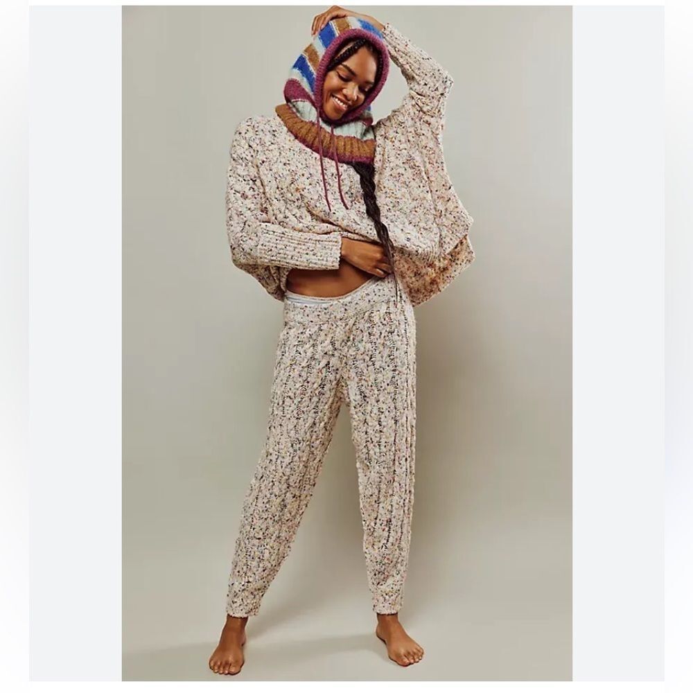 Free People Under The Mistletoe Knit Joggers Size L Color: Ivory Combo - Picture 2 of 6